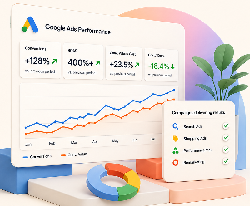 Colorful Google Ads performance dashboard showing growth in conversions, ROAS and efficiency